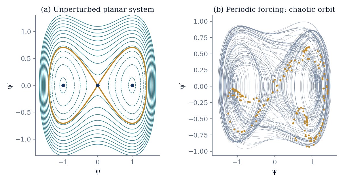 Phase portrait with homoclinic orbits and a chaotic trajectory with Poincaré section points